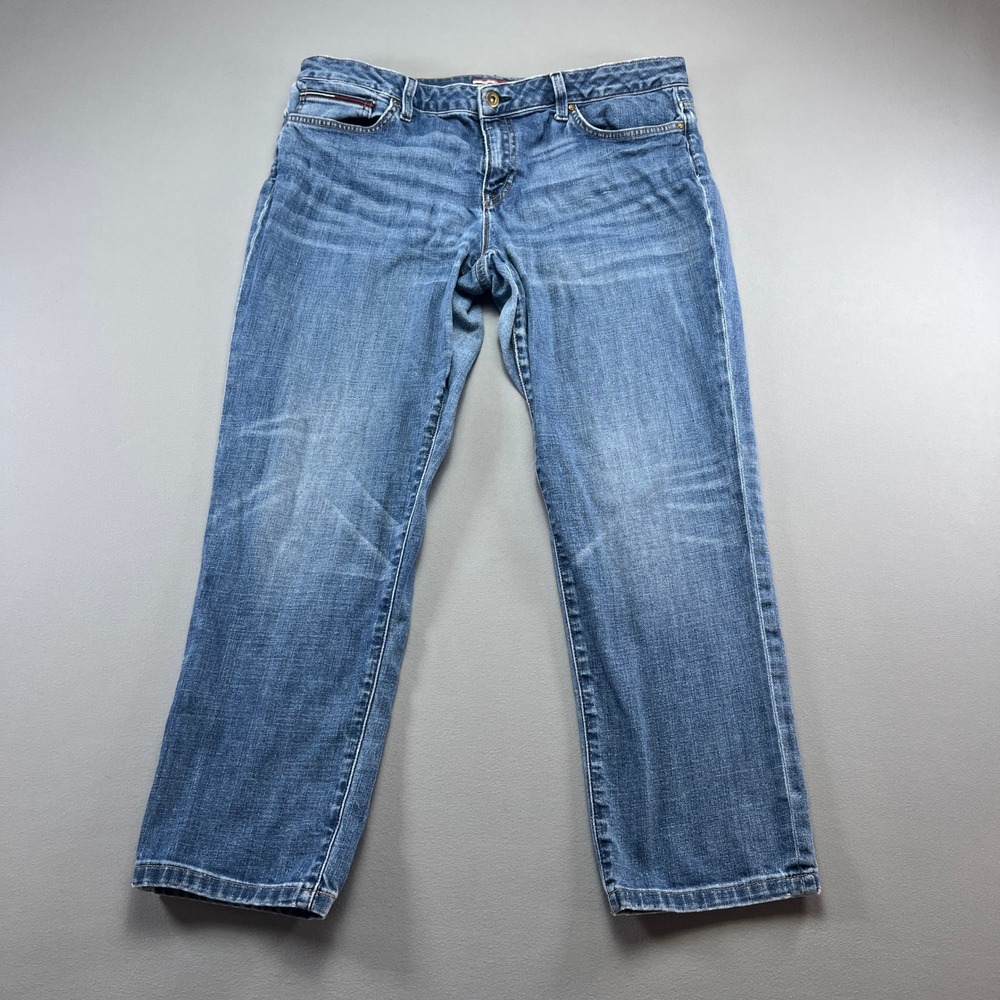 Tommy Hilfiger Boyfriend Jeans Women 14 Blue Whiskered Denim Cotton Straight Leg